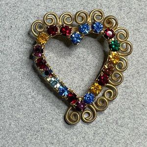 Colorful Rhinestone Heart & Heart Twists Brooch Vintage Unsigned Designer